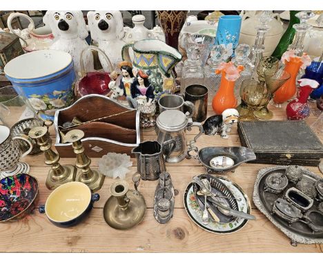 Decanters, glass vases, a clear glass lustre, silver and electroplate condiments , a Paris porcelain planter. brass candlesti