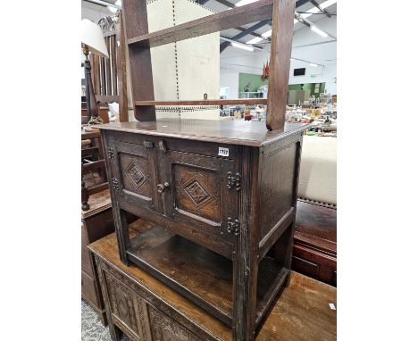 A small Jacobean STYLE  oak side cabinet H 70 W 77 D 43cms and a wall shelf.