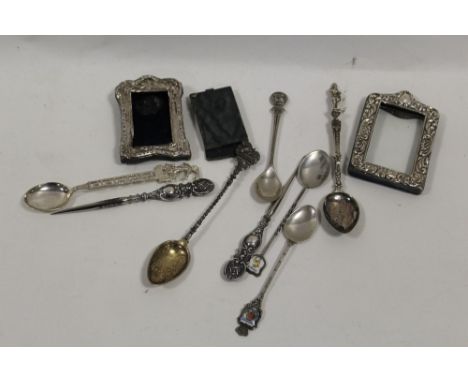 TWO MINIATURE SILVER PICTURE FRAMES, SPOONS ETC