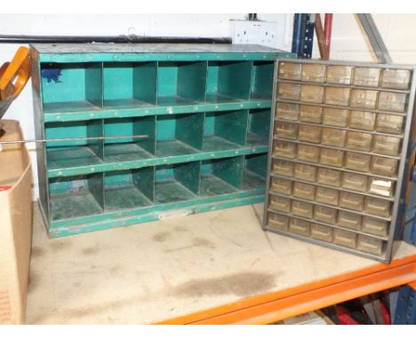 A QUANTITY OF TOOLS, PARTS ETC TO INCLUDE A METAL PIGEON HOLE UNIT