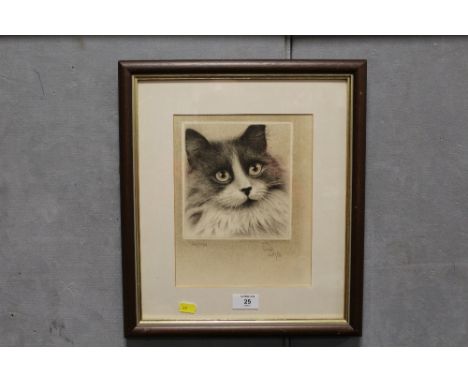 A SIGNED LIMITED EDITION PORTRAIT PRINT OF A BLACK AND WHITE CAT