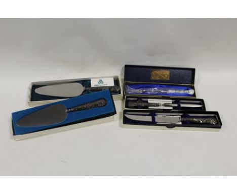 A QUANTITY OF HALLMARKED SILVER CAKE KNIVES ETC
