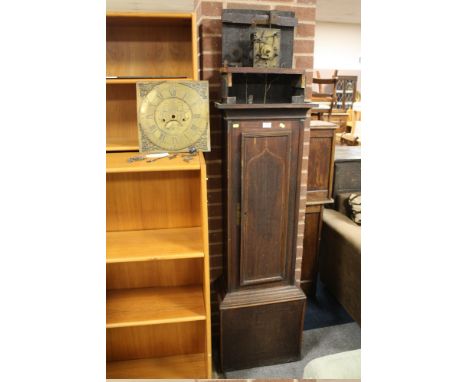 A BRASS FACE LONGCASE CLOCK DIAL WITH LOOSE MOVEMENT AND PART CASE - FACE MARKED 'BAGNALL  DUDLEY' A/F