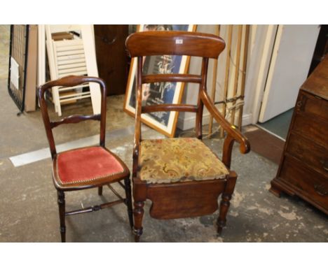 AN ANTIQUE MAHOGANY COMMODE ARMCHAIR AND A BEDROOM CHAIR (2)