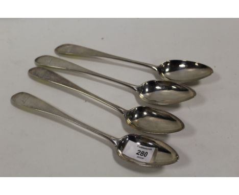 A SET OF FOUR SCOTTISH HALLMARKED SILVER GEORGIAN OAR PATTERN TABLESPOONS - EDINBURGH 1793, MAKERS MARK G. C. WITH HERALDIC C