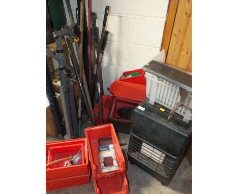 A SELECTION OF GARDEN TOOLS, GAS FIRE ETC