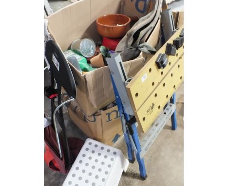 A WORKBENCH TOGETHER WITH 2 BOXES OF MIXED ITEMS TO INCLUDE TOOLS
