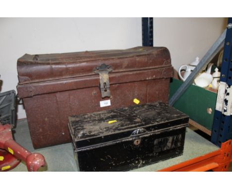 A SMALL METAL TRUNK TOGETHER WITH A SMALL METAL DEED BOX (2)