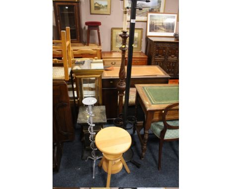 A GLAZED SLENDER DISPLAY CABINET WITH A TURNED STANDARD LAMP, COAT STAND, STOOL ETC