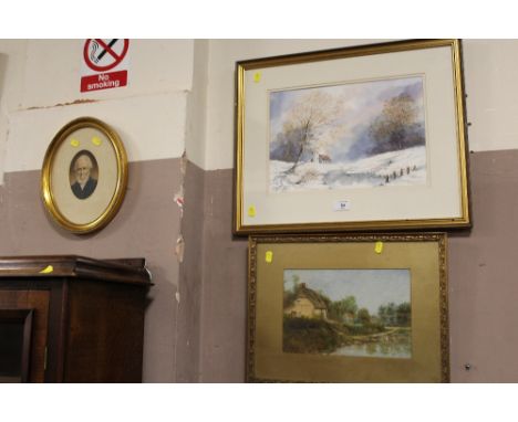 WATERCOLOUR OF A WINTER SCENE TOGETHER WITH A WATER COLOUR OF A COUNTRY COTTAGE AND A PORTRAIT PRINT (3)