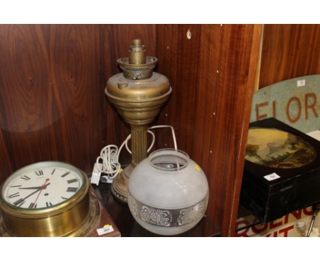A CONVERTED OIL LAMP &amp; GLASS SHADE