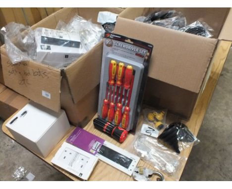 A BOX OF TOOLS AND PARTS ETC TO INCLUDE SCREWDRIVER SETS TOGETHER WITH A BOX OF FUNNELS A/F