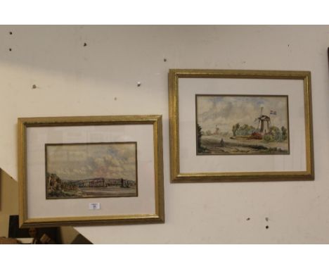A FRAMED AND GLAZED WATERCOLOUR DEPICTING A WINDMILL NEAR ROTTERDAM BY HAYDOCK GIBSON TOGETHER WITH A FRAMED AND GLAZED WATER