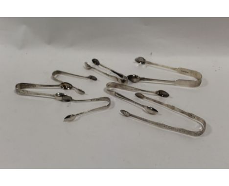 SEVEN PAIRS OF HALLMARKED SILVER SUGAR TONGS TO INC  BRIGHTCUT GEORGIAN EXAMPLE AND A GLASGOW RAT-TAILED EXAMPLE