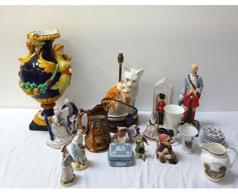 LARGE SELECTION OF VARIOUS CERAMICS
including a Majolica vase with figurehead style and swag decoration, raised on a square p