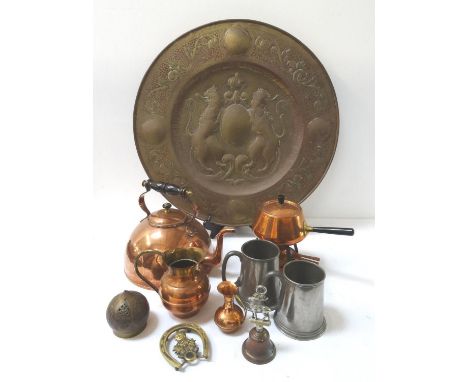 LARGE SELECTION OF COPPER AND BRASSWARE
including a toddy kettle, table gong, fondue set, large charger with embossed decorat