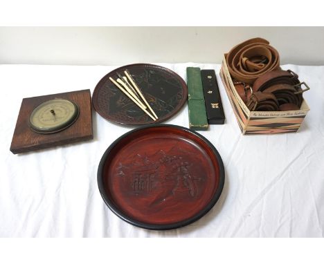 MIXED LOT OF COLLECTABLES
including a Schweppes oak cased aneroid barometer, two Japanese circular carved wood plaques, four 