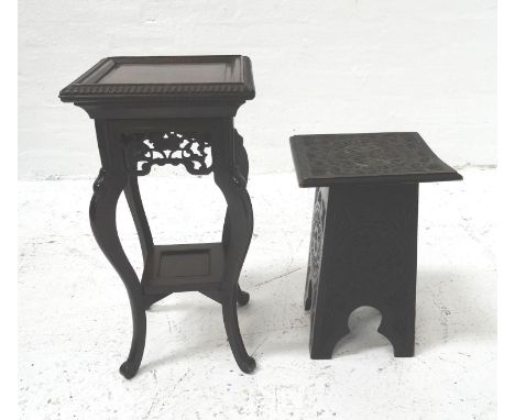 EAST ASIAN HARDWOOD JARDINIERE STAND
with a square moulded top above a pierced frieze, standing on shaped supports united by 