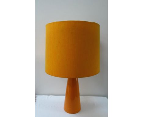 1970'S MICHAEL ANDERSON POTTERY TABLE LAMP
of conical form in orange, with an orange circular hessian shade, the base with a 