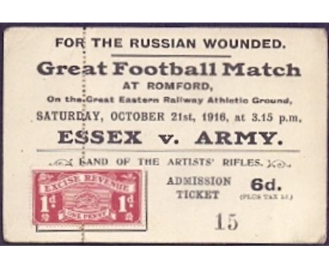 EPHEMERA : Great Britain football match ticket between Essex and the Army held in Romford on Saturday 21st Oct 1916, with rev