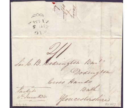 POSTAL HISTORY : ANTIGUA, 1834 entire from Betty's Hope, Antigua to Sir Codrington, Bath per Lady Pelham Packet. The Manager,