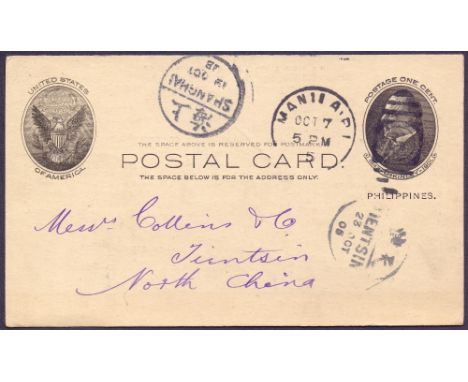 POSTAL HISTORY COVERS : PHILIPPINES, 1905 1c McKinley postal stationery card sent from Manila to Tientsin, China. Has a fine 