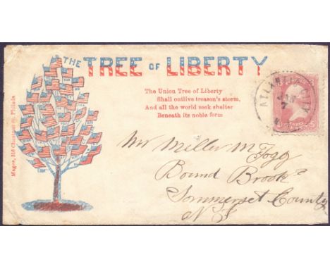 POSTAL HISTORY : USA 1862 3c used on "The Tree of Liberty" patriotic envelope to Bound Brooke NJ, attractive and unusual item