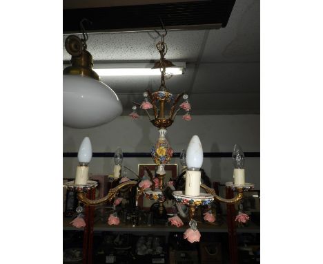 Gilt and Porcelain Floral Ceiling Light Fitting 