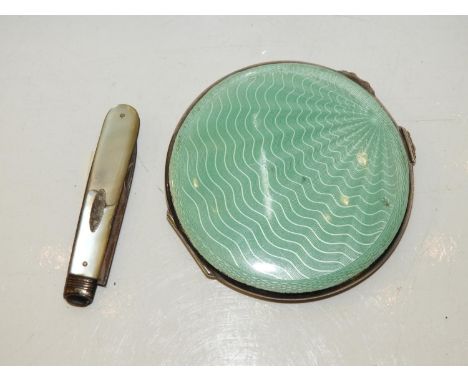 Enameled Compact and Mother of Pearl Fruit Knife 