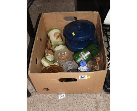 Box of Misc - China and Vintage Oil Can 