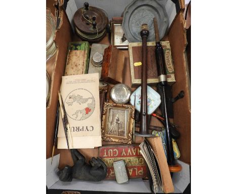 Box of Collectables to include - Snuff Box, Jewellery Box, Vintage Tins and Postcards etc 