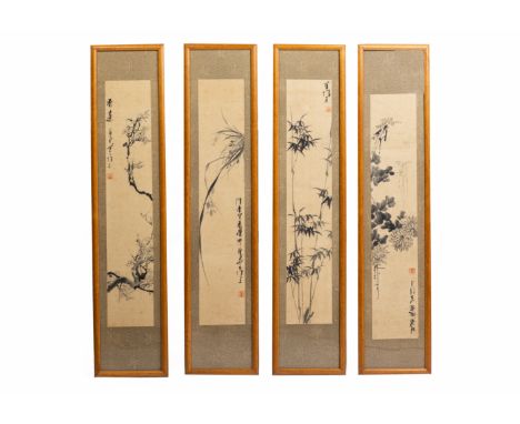 A SET OF FOUR CHINESE INK PAINTINGS
Depicting prunus; orchids; bamboo and chrysanthemums, set within wooden frames
Inscribed 