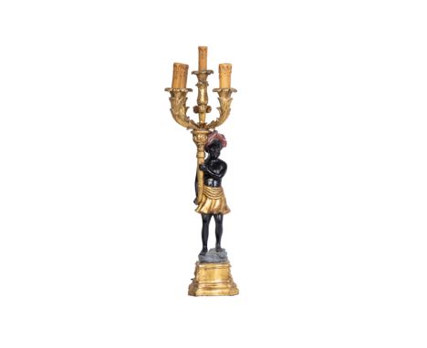 A BLACKAMORE TORCHERE LAMP
Depicting a figure supporting a five light candelabrum on gilt base
74cm high
Condition: Minor sig