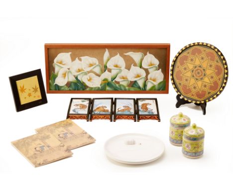 A GROUP OF VARIOUS CERAMICS AND OTHER HOME DECOR ITEMS
Comprising: a painting of lilies, signed, a four panel screen with tig