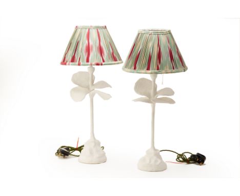 A PAIR OF VIOLA LANAI LAMPS WITH SILK IKAT SHADES
The lamp bases of foliate design
Tested and in working order
61cm high
Cond