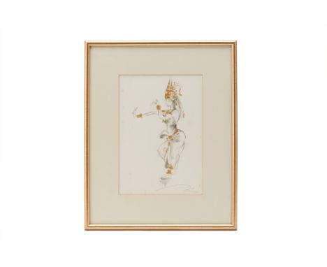 A PENCIL SKETCH OF A KHMER DANCER
Pencil with acrylic and watercolour, indistinctly signed lower right
23cm x 16cm; with fram
