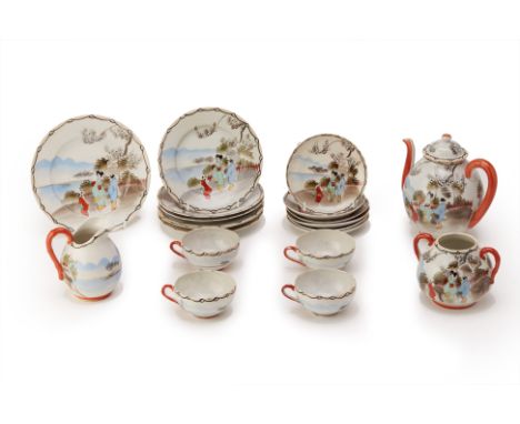 A JAPANESE PORCELAIN PART TEA SERVICE
Early-mid 20th Century, comprising: 4 tea cups, 6 saucers; tea pot; milk jug; sugar bow