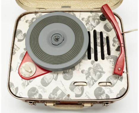 THE BEATLES - 1960s original cased Record Player in working order. With decal printed top on a red base and red arm - In very