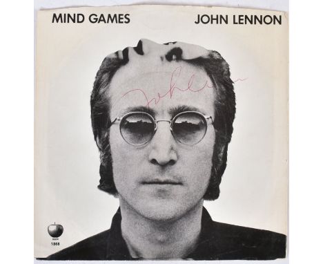 The Beatles - John Lennon (1940-1980) - scarce autographed 'Mind Games' USA 7" 45rpm vinyl record sleeve. Signed in red ink a