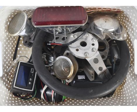 Automobilia - a collection of vintage classic car spare parts to include wing mirrors, break lights, locking petrol cap and m
