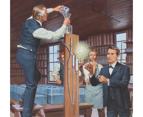 Ed Vebell (American, 1921 - 2018) "Edison Invents Electric Light" Signed lower right. Original Acrylic painting on Hot Press 