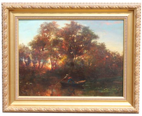Attr. Gustave Courbet (1819 - 1877) Painting of a figure on a canoe in a riverscape. Signed lower left. Oil on Panel. Provena