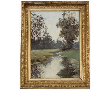 Signed, Antique Riverscape Painting. Double-sided painting on board. One side depicting a tree near a stream, and the opposit
