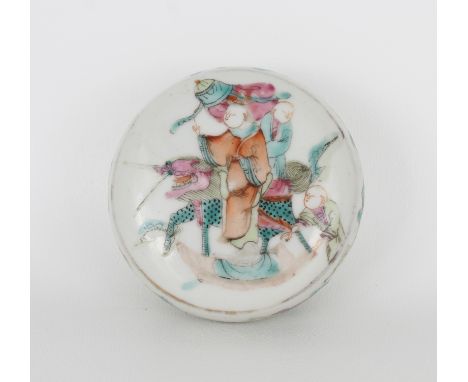 Qing Dynasty, Chinese Famille Rose Porcelain Wax Seal Box. With characters hand painted on the lid. (CMM 113) Height: x 3 in.