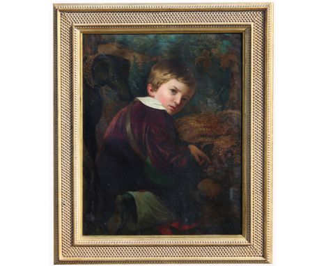 19th C. Signed Portrait of Boy w/ Hound. Signed and dated lower left. Oil on Canvas. Sight Size: 27 x 22 in. Overall Framed S