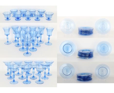 Early 1900s Carder Era Steuben French Blue Celeste Pattern Threaded Controlled Bubble Glass Dinner Set. Acid Etched Marked on