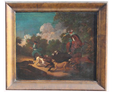 Old Master European School Wild Boar Hunt Scene Painting. Oil on canvas. Appears to be unsigned, has not been examined out of
