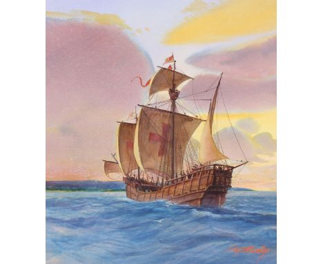 Tom McNeely (Canadian, B. 1935) "Columbus' Ship Approaching Land" Signed lower right. Original Watercolor painting on Paper. 