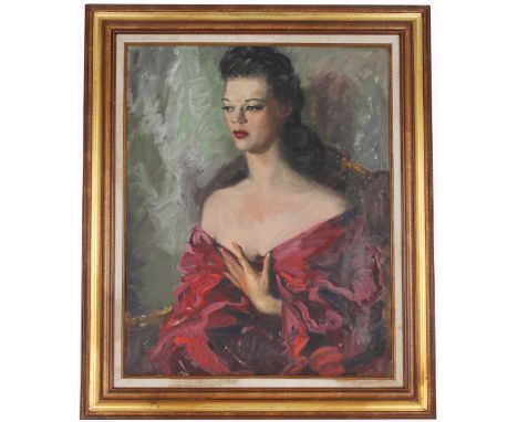 Edward Leonard (NY, Florida, 1901 - 1968) Portrait of a young woman dressed in red. Initialed verso. Oil on canvas. Leonard w