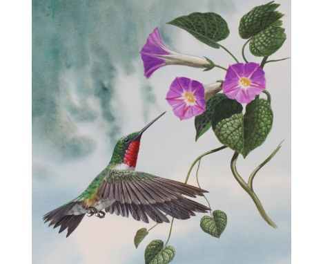 Don Balke (North Carolina, B. 1933) "Ruby-throated Hummingbird Taking Nectar" Signed lower right. Original Watercolor paintin